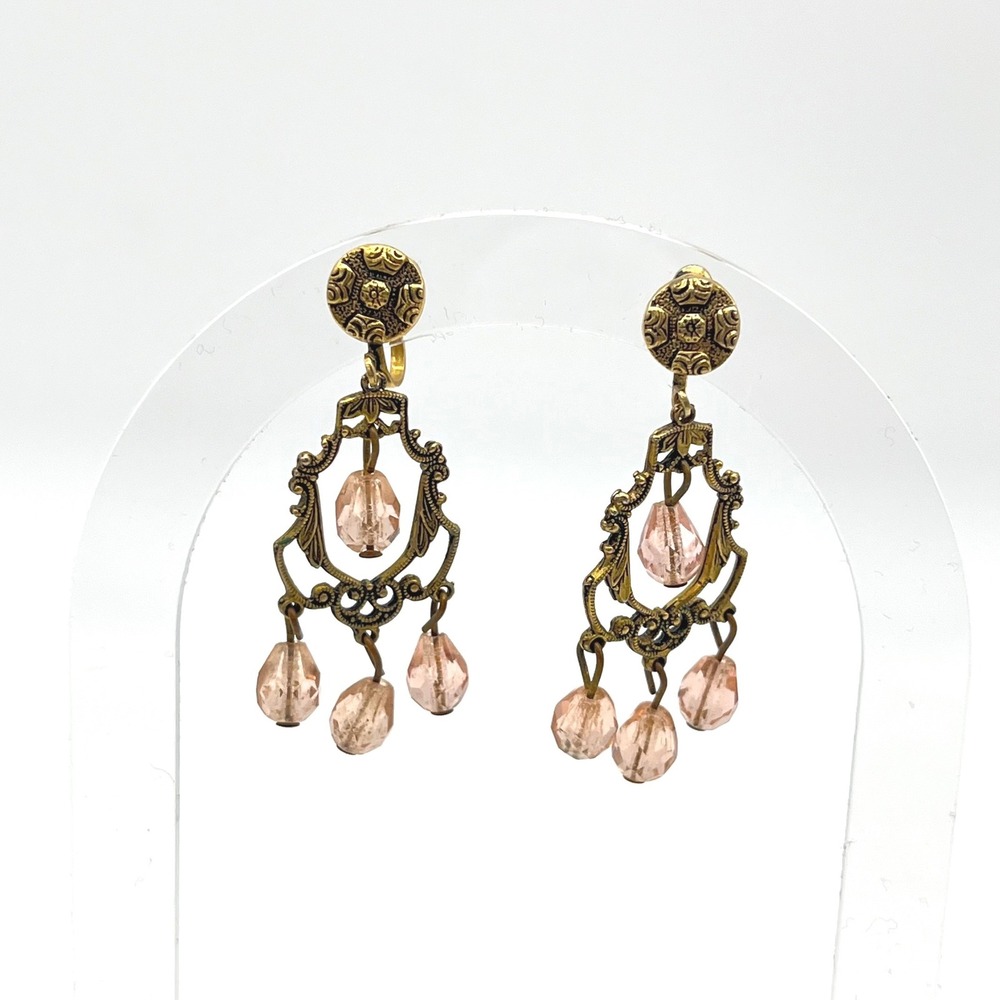 Vintage Brass Filigree Chandelier Earrings Peach‎ Crystal Screw Back 2"